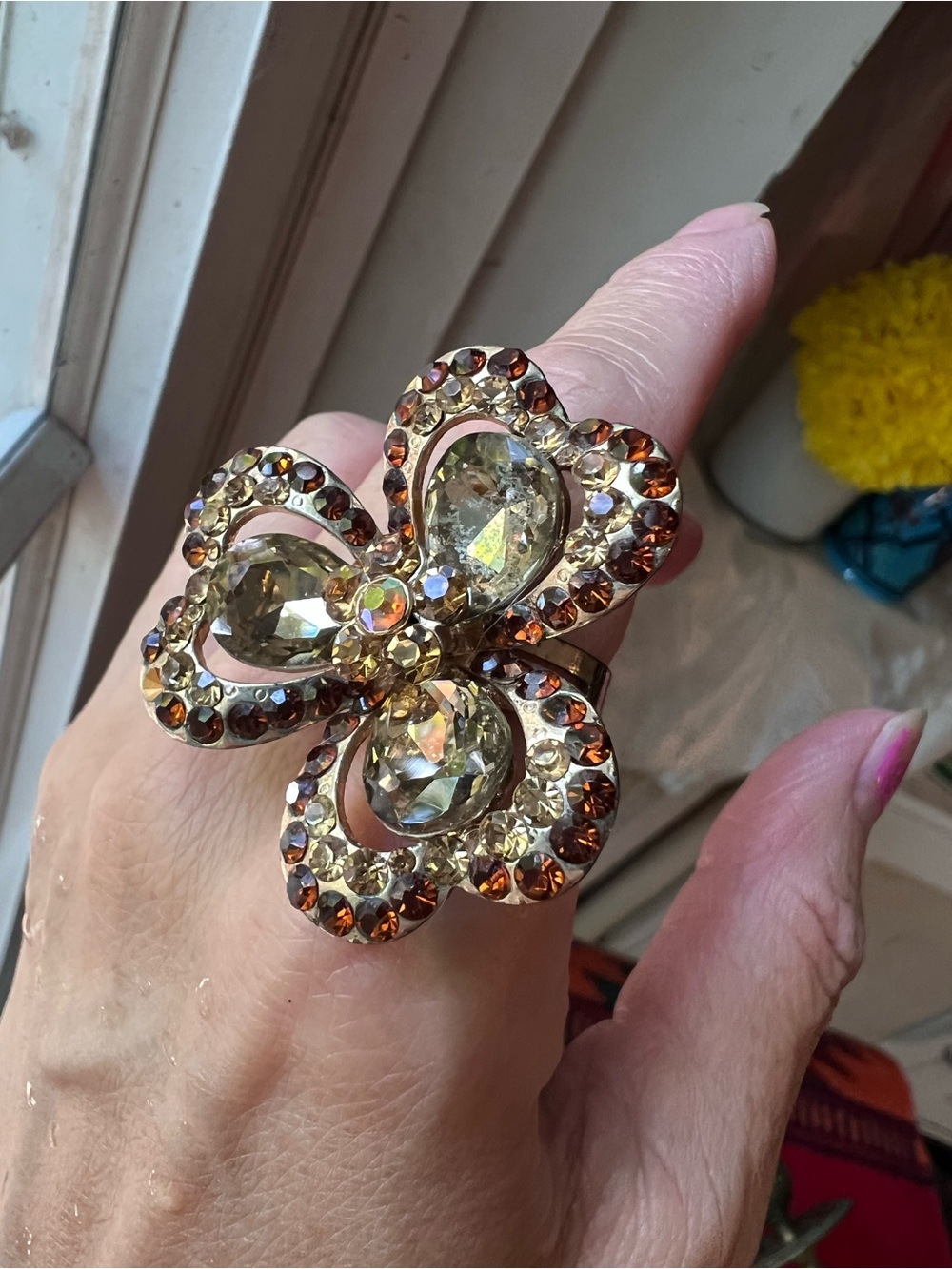 Vintage Floral Crystal Cocktail Ring - missing only one small stone